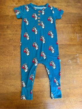 Posh Peanut 18-24M Bamboo Tiger Short Sleeve Snap Romper Teal Heart